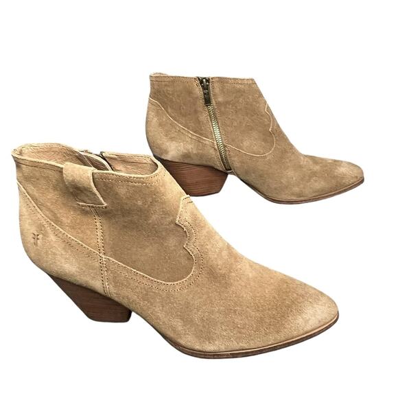 Frye Reina Ankle Boots 10 Cognac Suede Western Ankle Zip Stacked Heel Booties - Picture 5 of 15